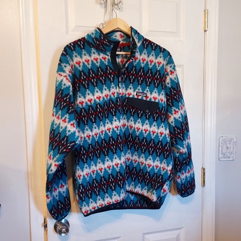 Patagonia Synchilla Blue Aztec Southwestern Snap T Fleece Pullover L RARE